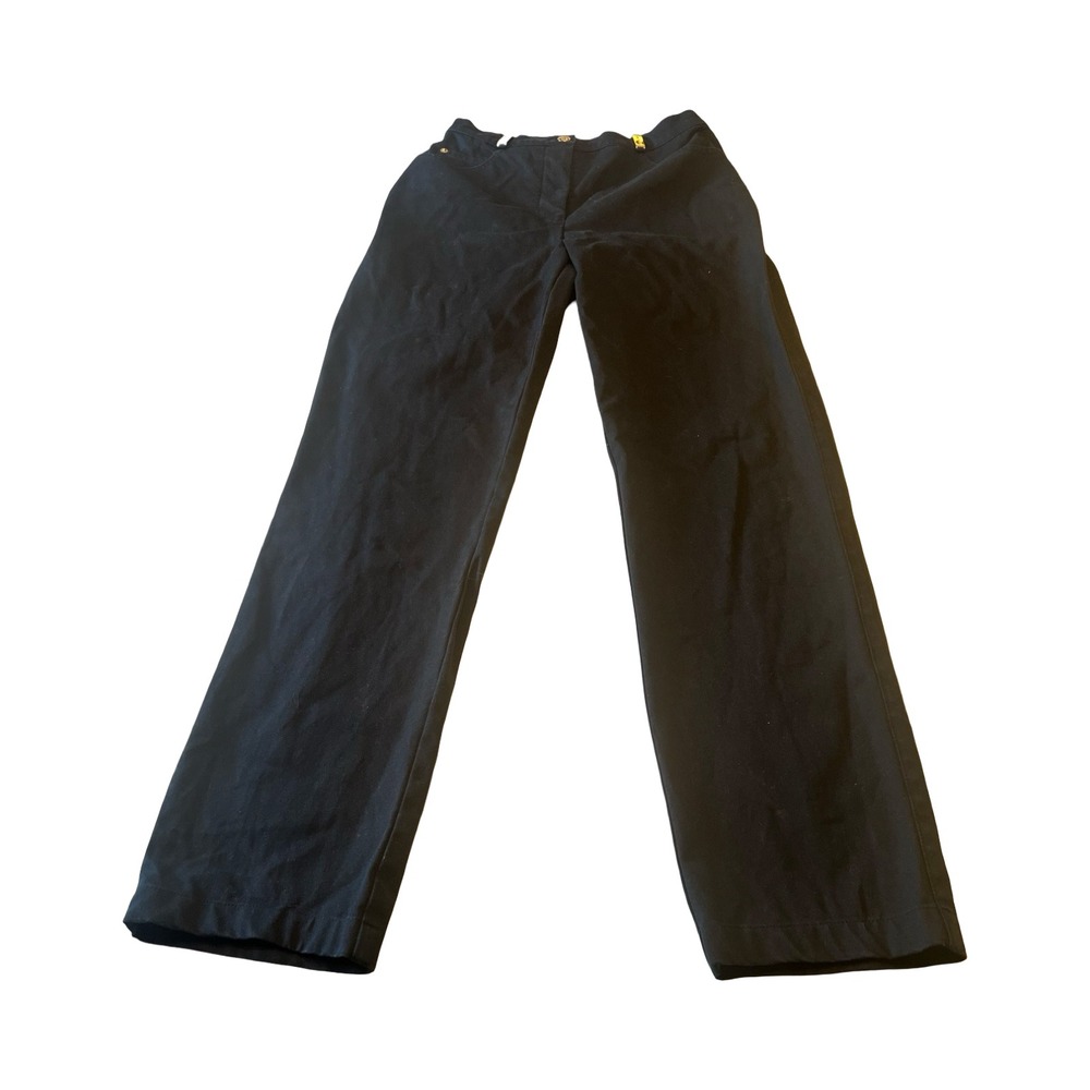 St. John Sport Marie Gray Black Cotton Stretch Straight Leg Pants Gold Logo Sz 4